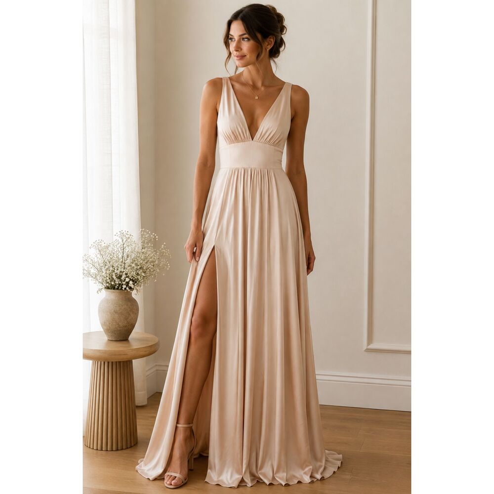 Cinderella Divine Champagne Satin Formal Gown Size 6 Deep V Slit Maxi Dress